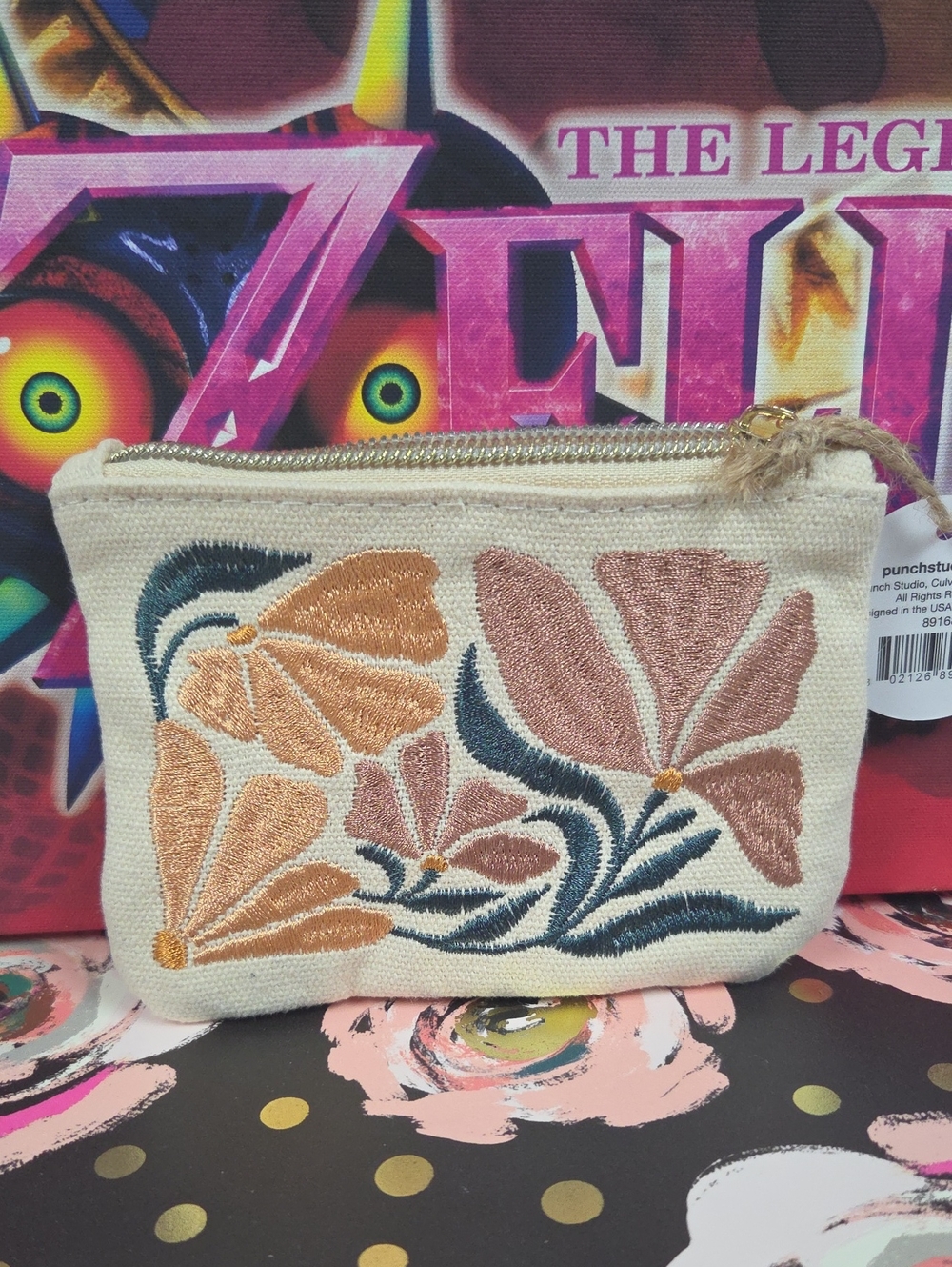 Embroidered Floral Zip Pouch - Cream with Pink & Tan Flowers